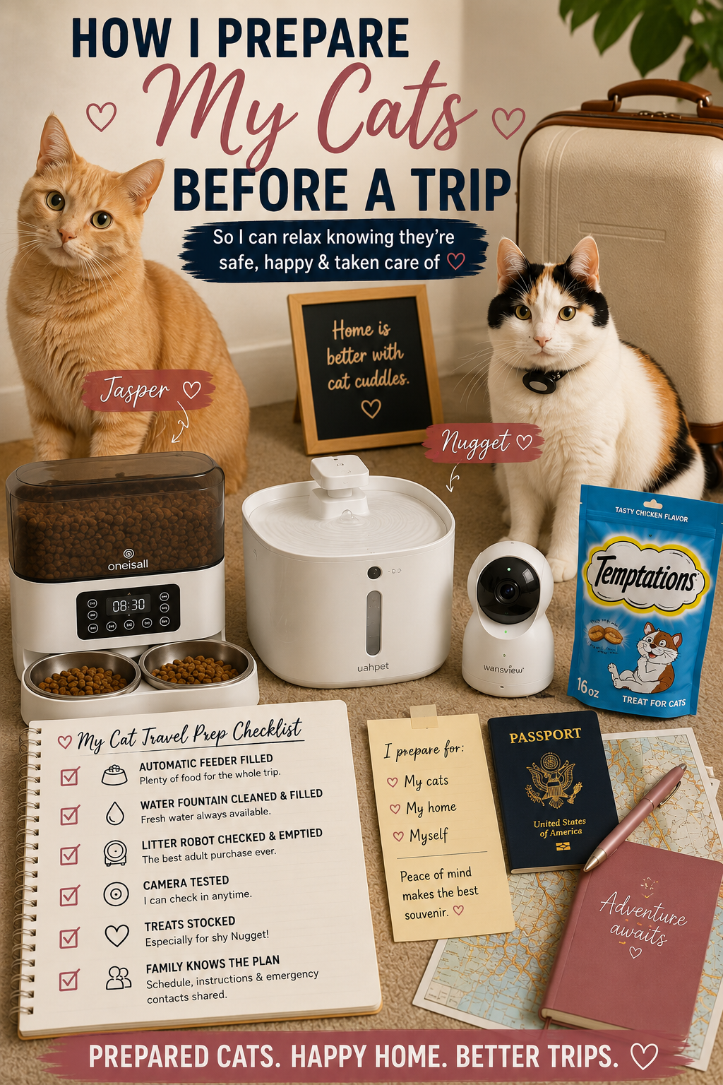 How I prepare my cats Jasper and Nugget before a trip — cat travel prep checklist infographic