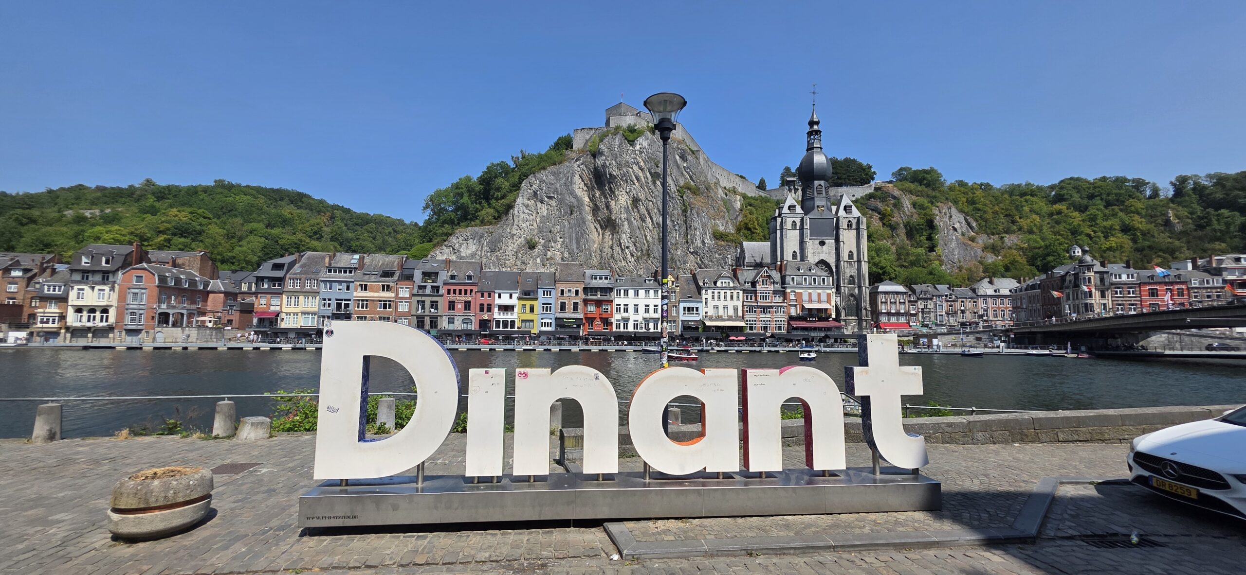 Dinant seen across the Meuse, with the collegiate church and clifftop citadel