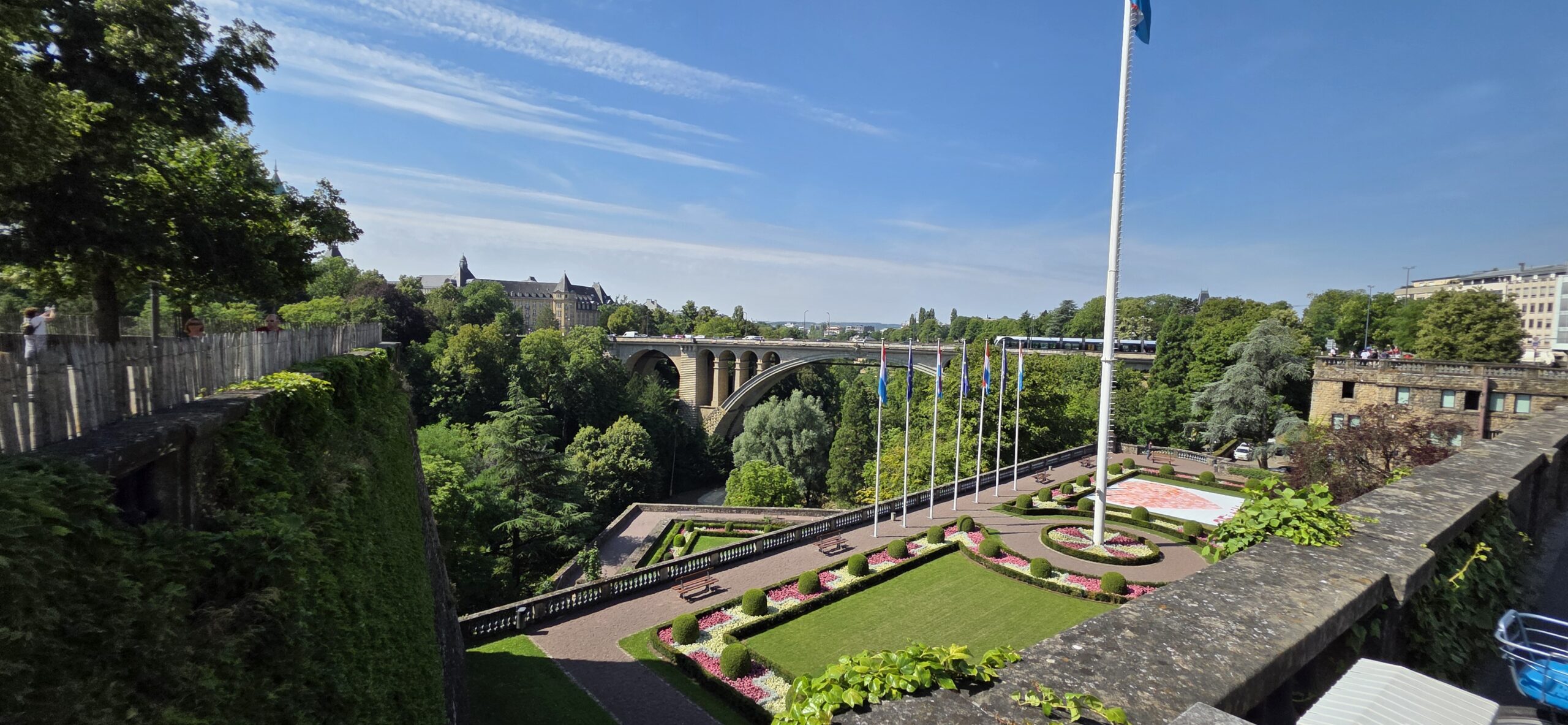 Clifftop views over Luxembourg City on a summer walking day