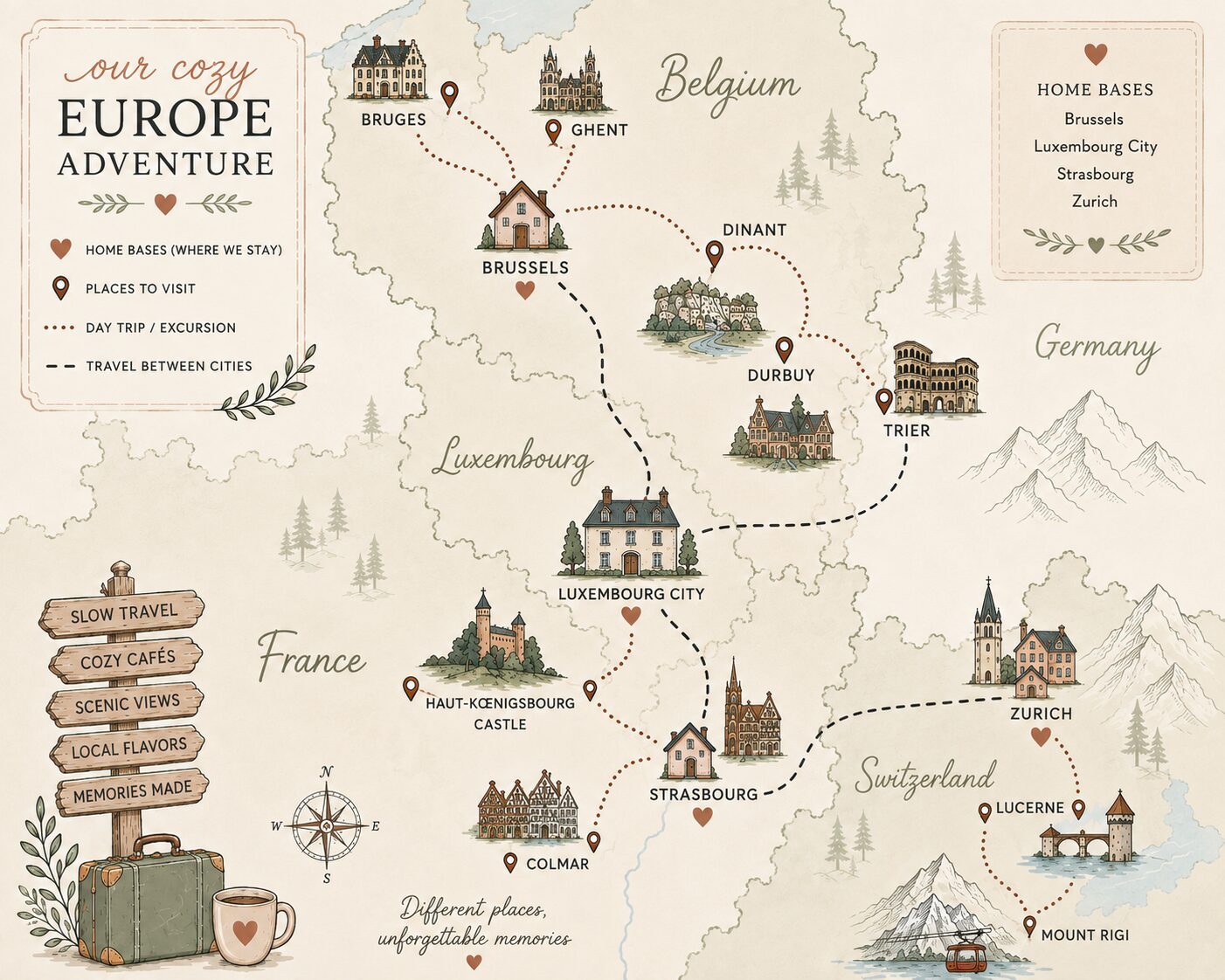 Illustrated map of a 12-day cozy Europe itinerary with home bases in Brussels, Luxembourg City, Strasbourg and Zurich, plus day trips to Bruges, Ghent, Dinant, Durbuy, Trier, Colmar, Haut-Koenigsbourg Castle, Lucerne and Mount Rigi